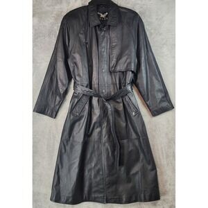 Adler Geniune Leather Jacket Womens XL‎ Black Trench Coat Belted 90s Vintage